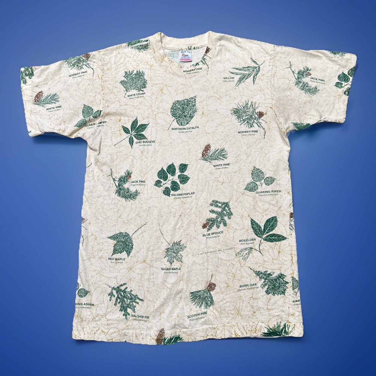 VTG Single Stitch Shirt Fruit Of The Loom Mens Medium White Botanical Plants AOP gallery