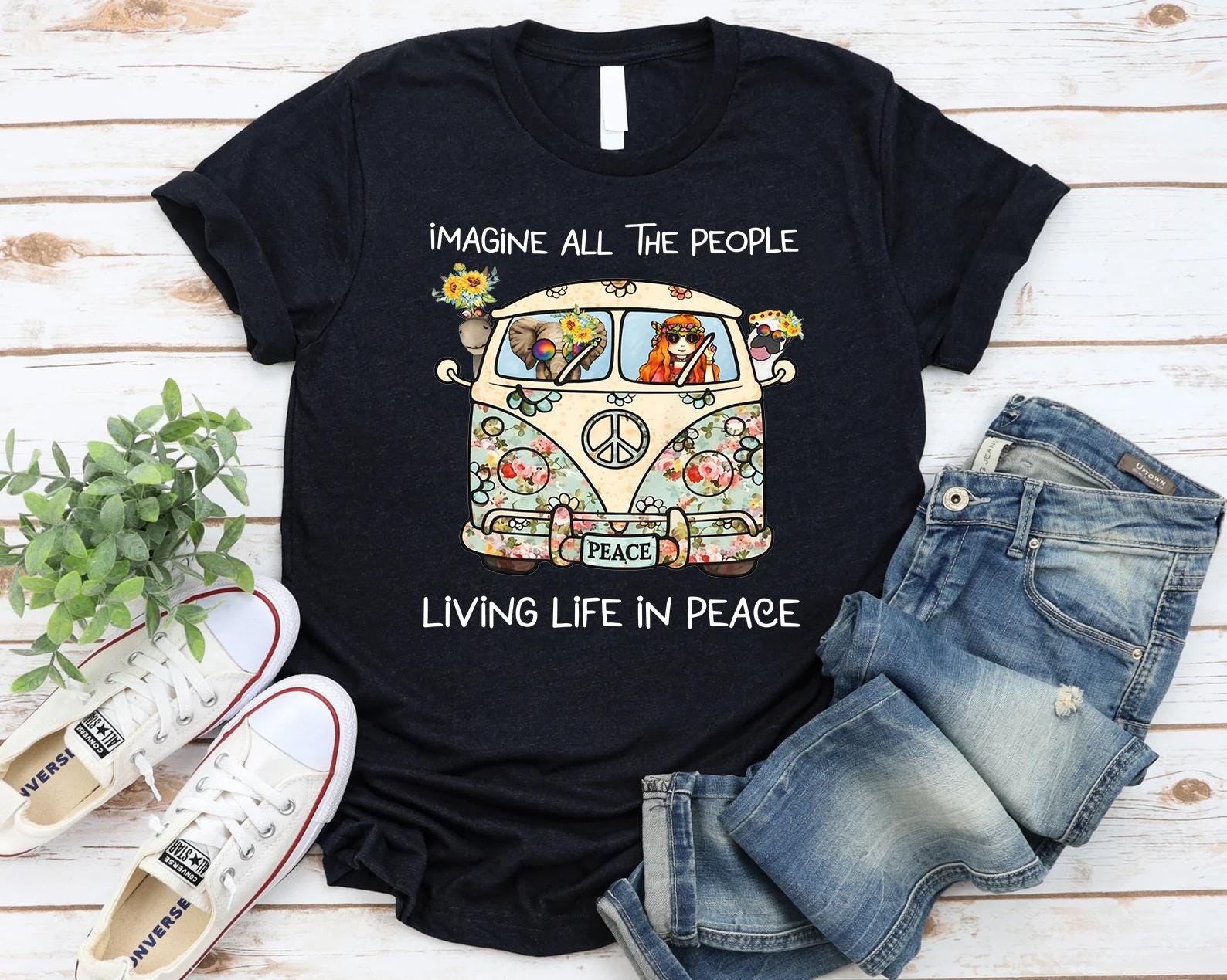 Imagine All The People Living Life In Peace Shirt Retro Hippie Flower Power gallery