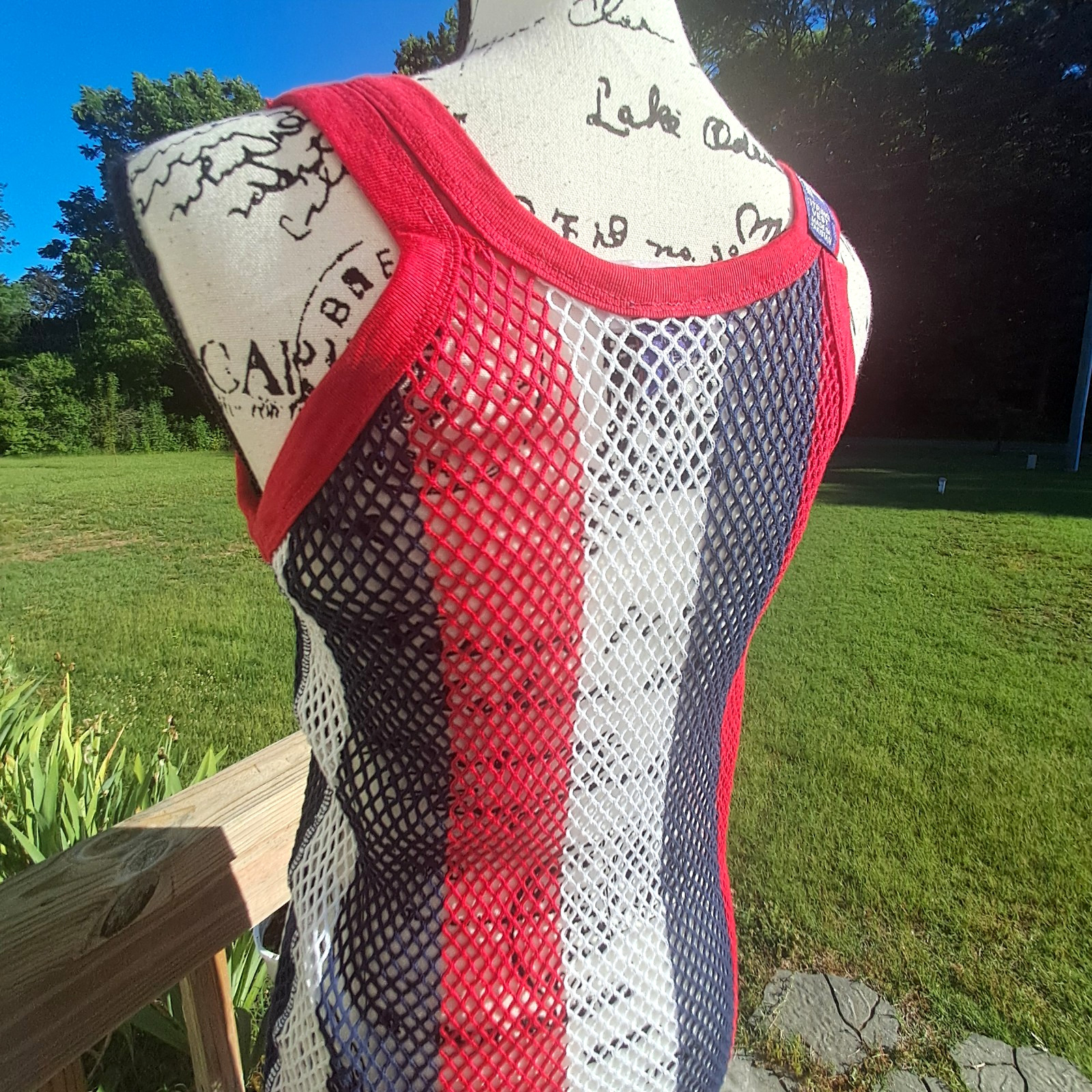 Vintage Trends String Vest Mesh Fishnet Tank Top Dress Large Patriotic USA Flag gallery