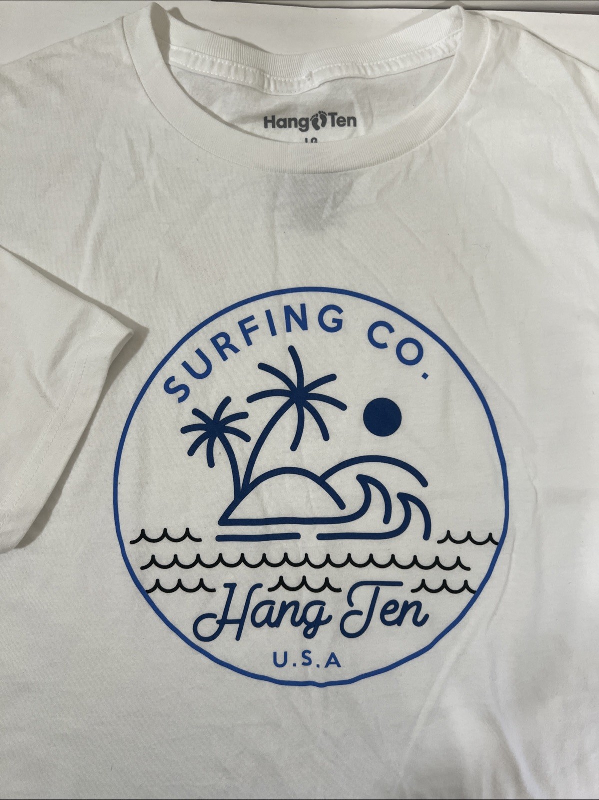 Hang Ten Surfing Co. White 100% Cotton Retro Palm Tree Logo Size Large , L