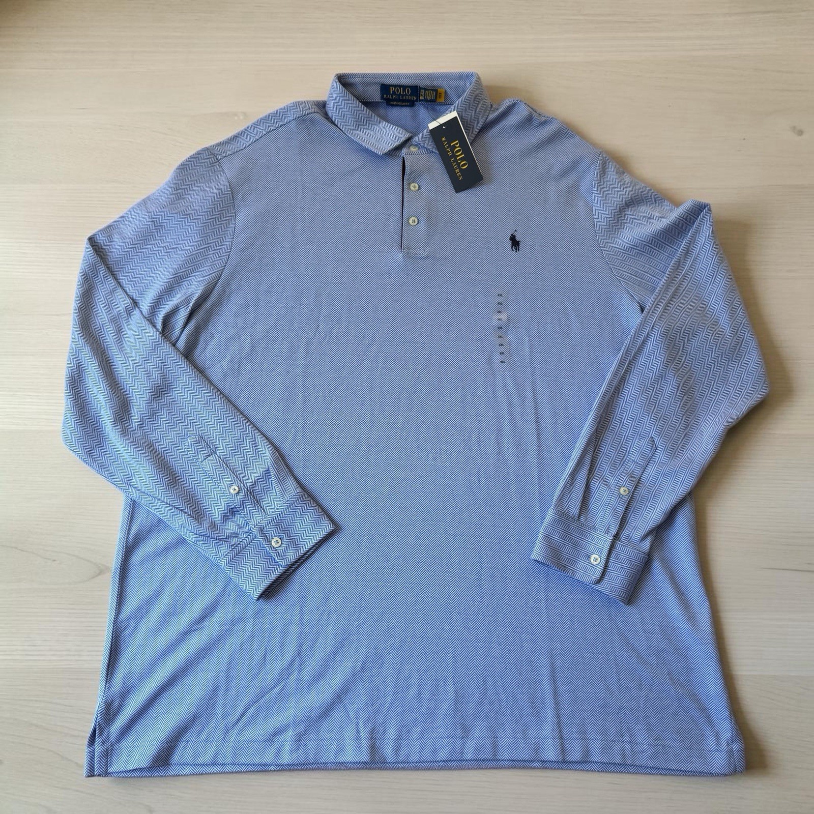 Polo Ralph Lauren Custom Slim Fit Herringbone Polo Long Sleeve Shirt Blue Sz XXL gallery