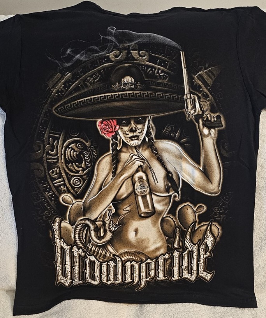 BROWN PRIDE DAY OF DEAD LADY AZTEC GUN PISTOL TEQUILA SNAKE CACTUS T-SHIRT gallery