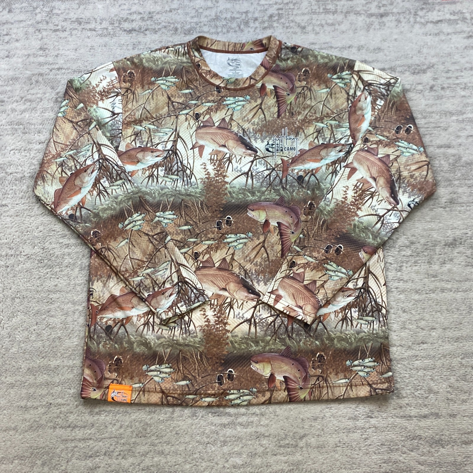 Aftco Guy Harvey Camouflage Shirt Medium Brown Performance Fish Hiker Boat Shark