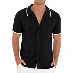 Men’s Hollow Knit Button Down Shirt, Tipped Collar Breathable Casual Top S-3XL