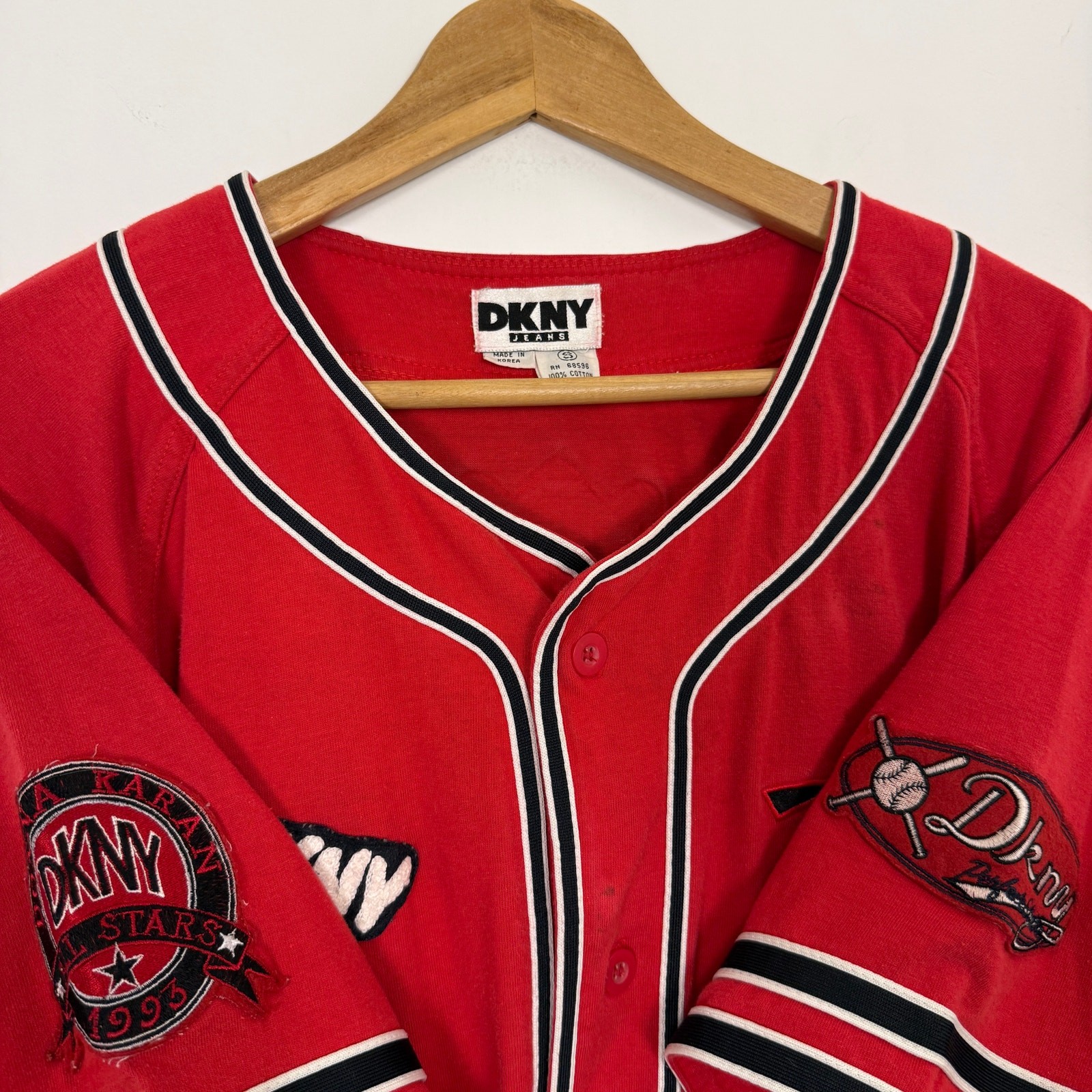 Vintage 90s DKNY Patchwork Baseball Jersey Button Up Shirt Streetwear Sportswear gallery