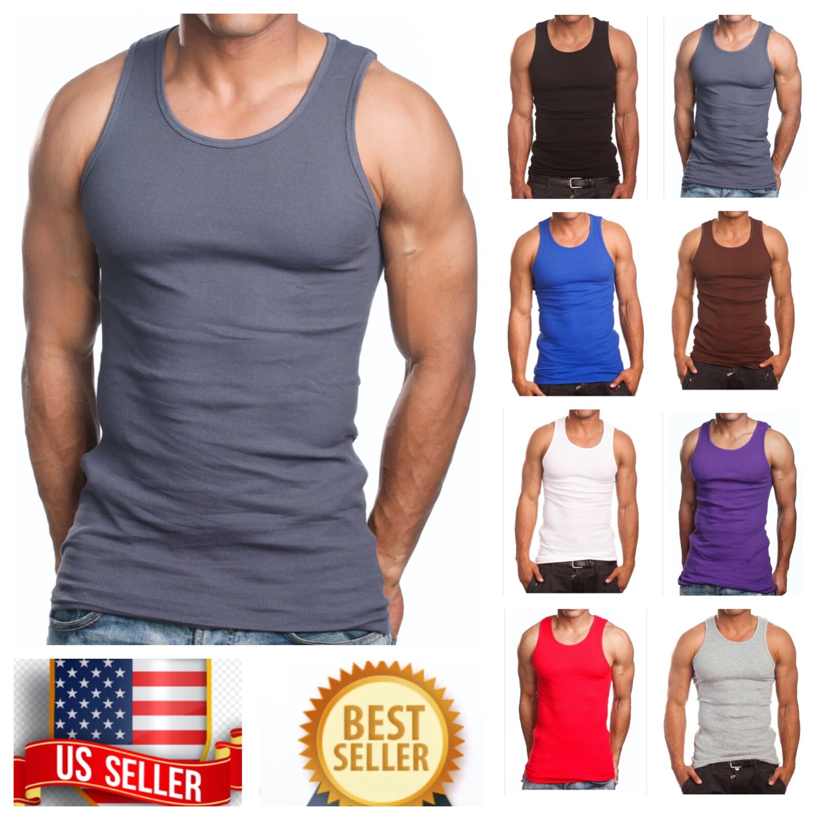 Pack of 3 Mens 100% Cotton A-Shirt Top GYM Muscle Ribbed Wife Beater Tank S-5X gallery