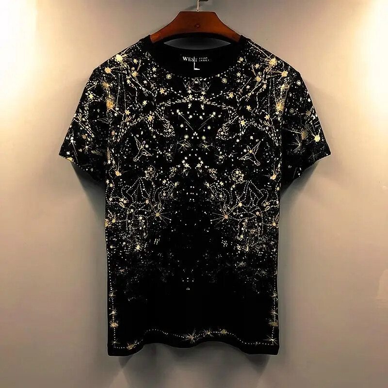 New Fashion Trend Sequined Summer Short Sleeve Luxury Men Black Pullover T-Shirt gallery