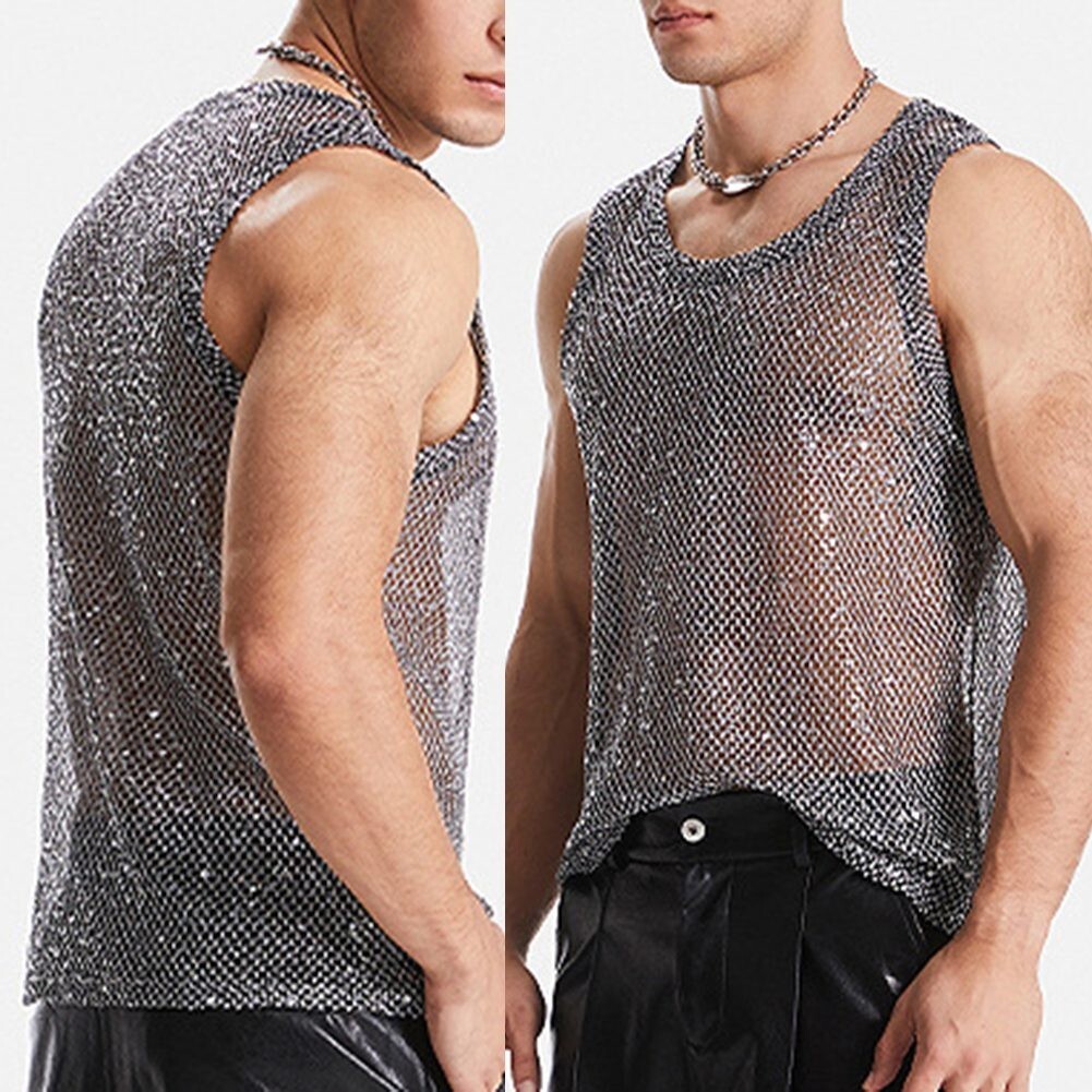 Men’s Glitter Sheer See Through Fishnet Tank Top Sexy Mesh Muscle Vest S 3XL