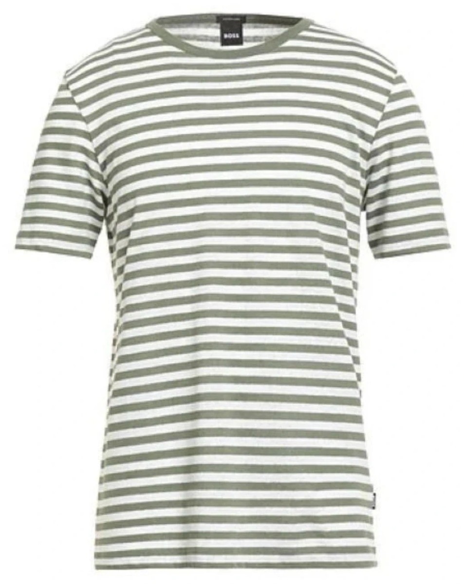 Hugo Boss Tiburt 457 Crew Neck Linen Blend Shirt Mens 3XL Green Stripe NWT $158