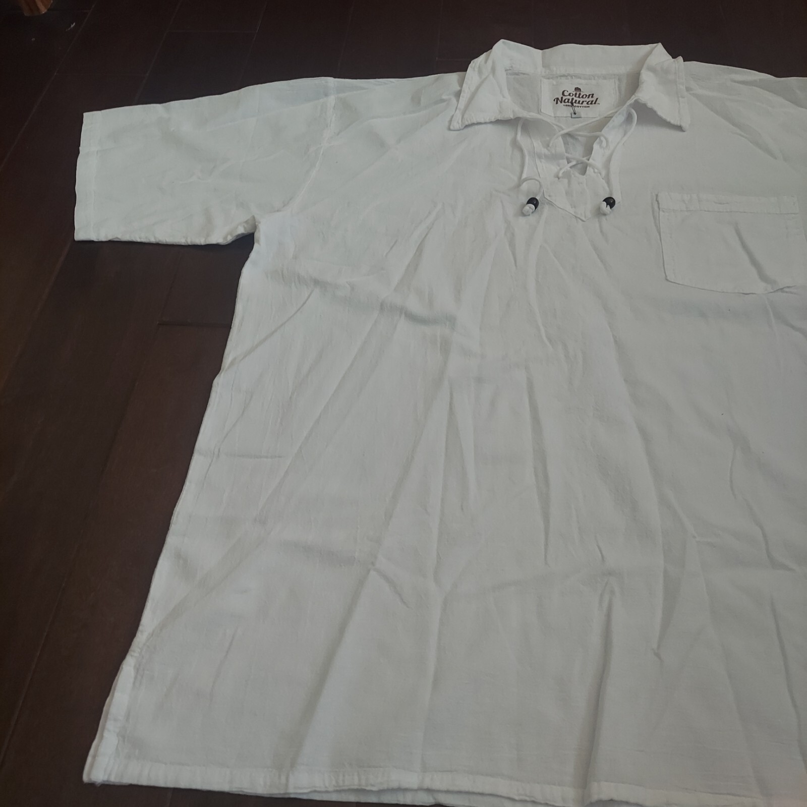 Cotton Natural Men's White Front Pocket Drawstrings Beads Shirt - Size 3XL gallery