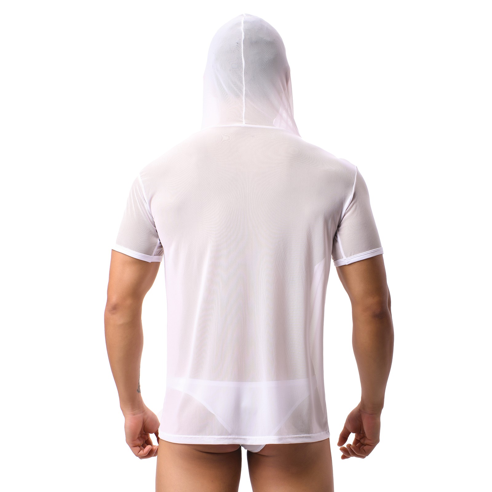 Mens See-through Mesh Hooded T-Shirts Short Sleeve Loose Fit Breathable Gym Tops gallery