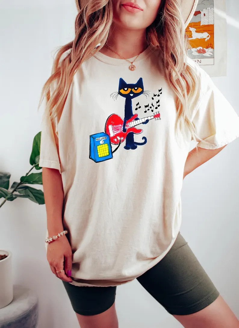 Cool Blue Cat Playing Guitar Music Comfort T-Shirt Graphic