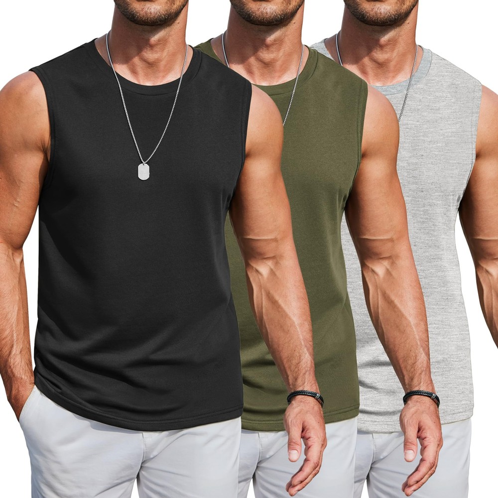 Workout Tank Tops for Men Cotton 3 Pack Sleeveless Muscle T-Shirts Moisture W…
