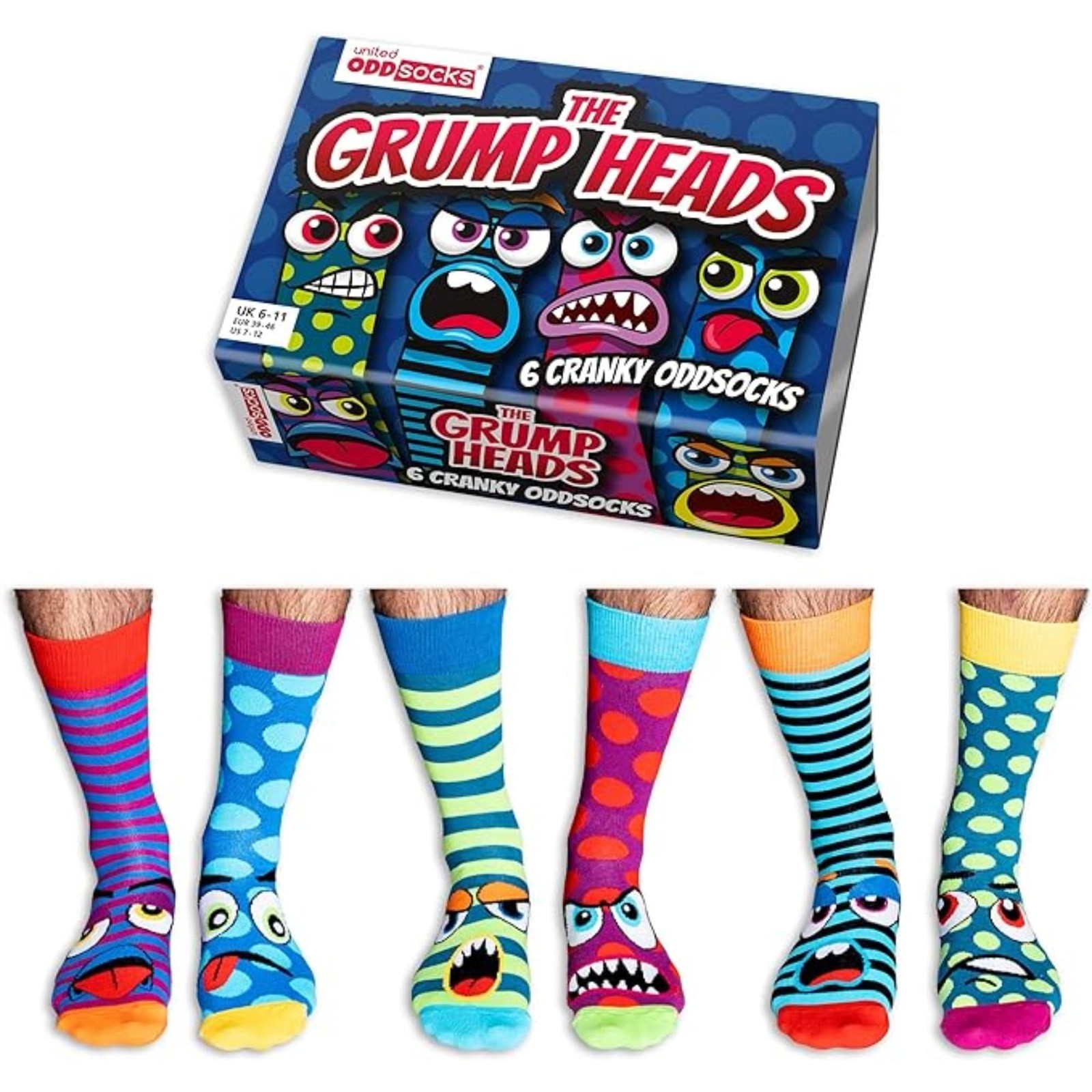 Grump Heads Box Of 6 Individual Oddly Socks Men US 6-11 Gift Pack