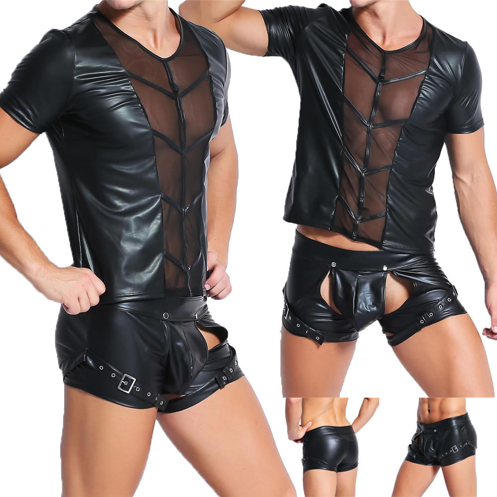 Men Faux Leather PVC Wet Look Boxers Shorts T-Shirt Top Vest Long Pants Trousers gallery