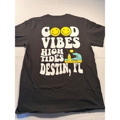 Good Vibes High Tides Destin FL Graphic T-Shirt Black Smiley Face Surf S