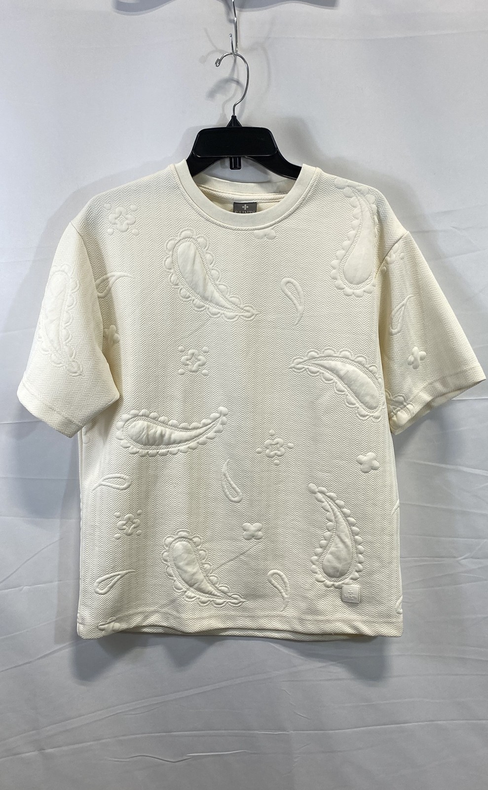 Saints Studio Men’s Cream Quilted Paisley Jacquard Herringbone T-Shirt Sz S