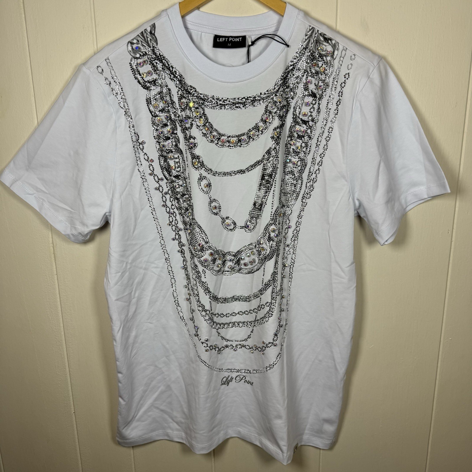 Left Point Men’s White T-Shirt Short Sleeve with Rhinestone Detail Size M NWT