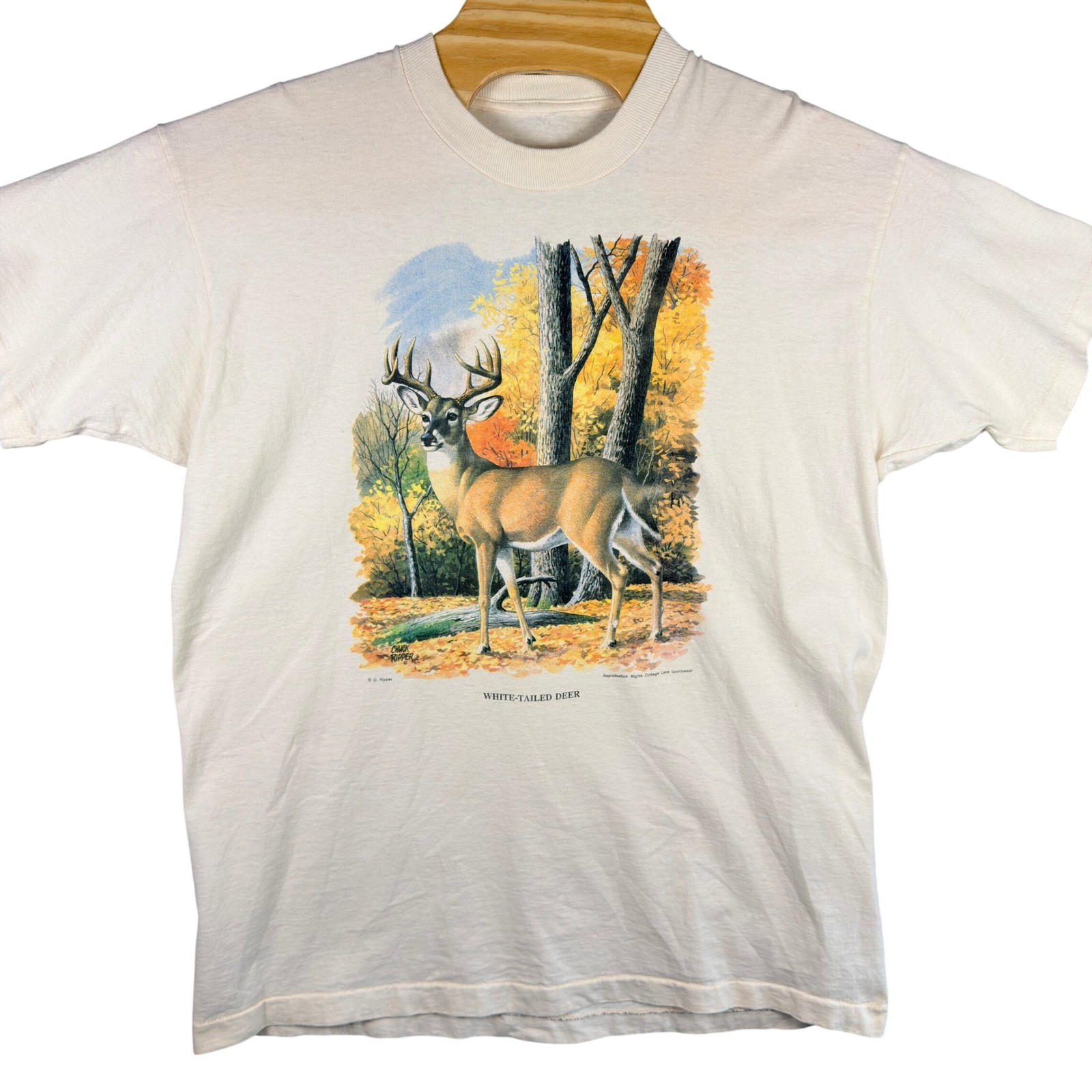 VINTAGE 90s Deer Wildlife T Shirt Mens XL Cream Graphic Hunting Nature Sports