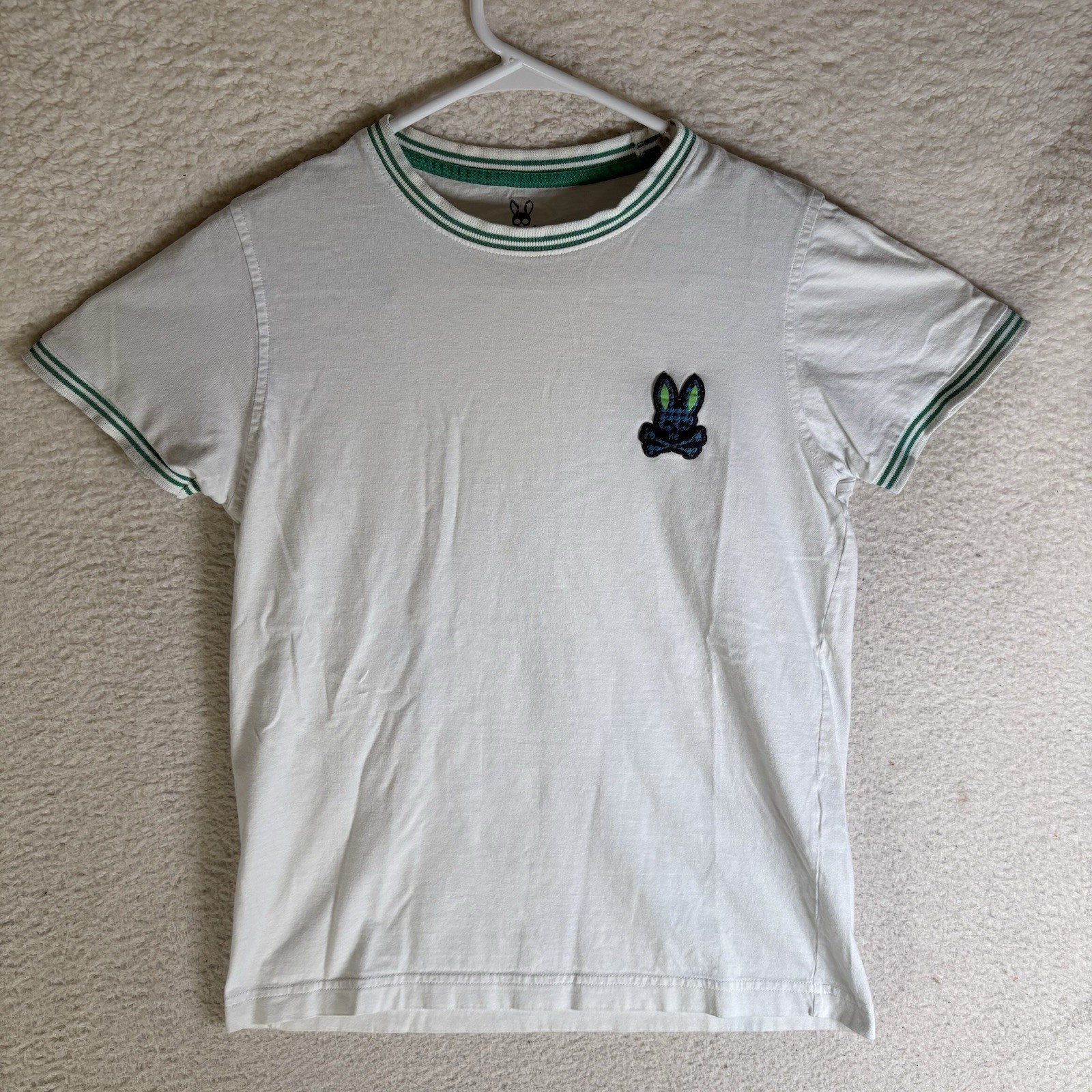 Psycho Bunny Ringer Shirt Size 2 XS White Green 100% Pima Cotton Crewneck