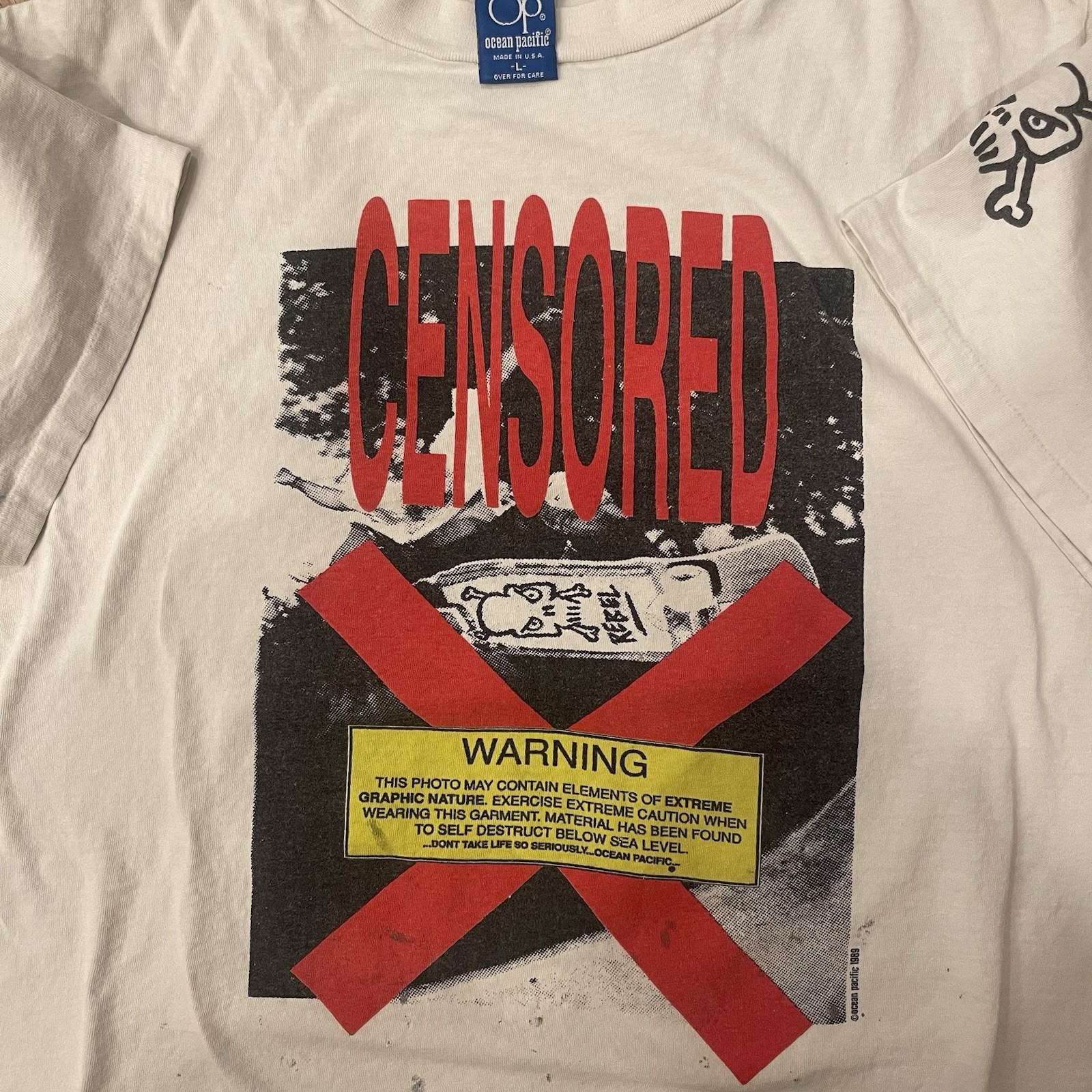 Vtg 80s OP Ocean Pacific Skull Rebel Skater Censored Double Sided 1989 Graphic L gallery