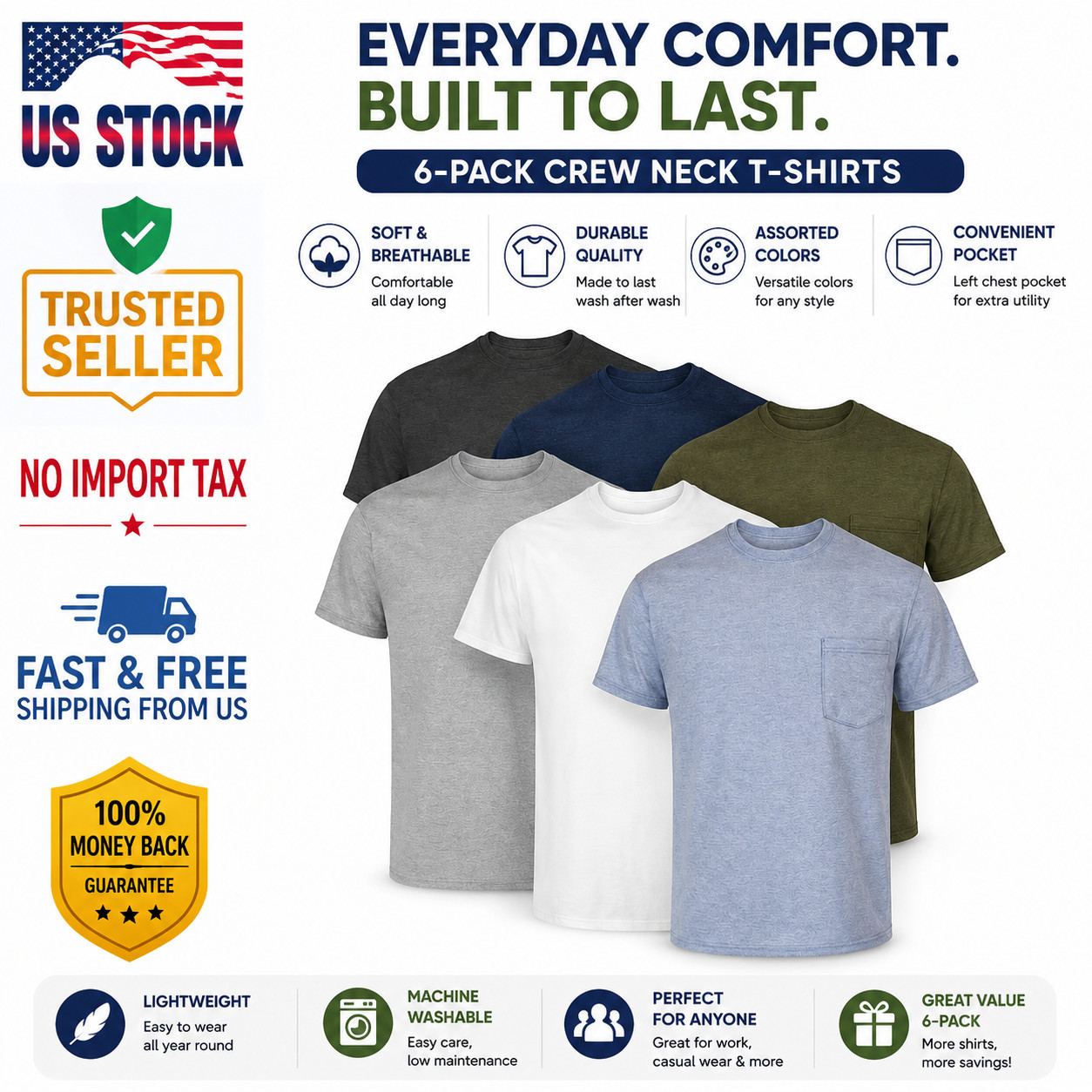 Hanes 6-Pack Pocket Tee Men's T-Shirt Soft and Breathable Assorted gallery