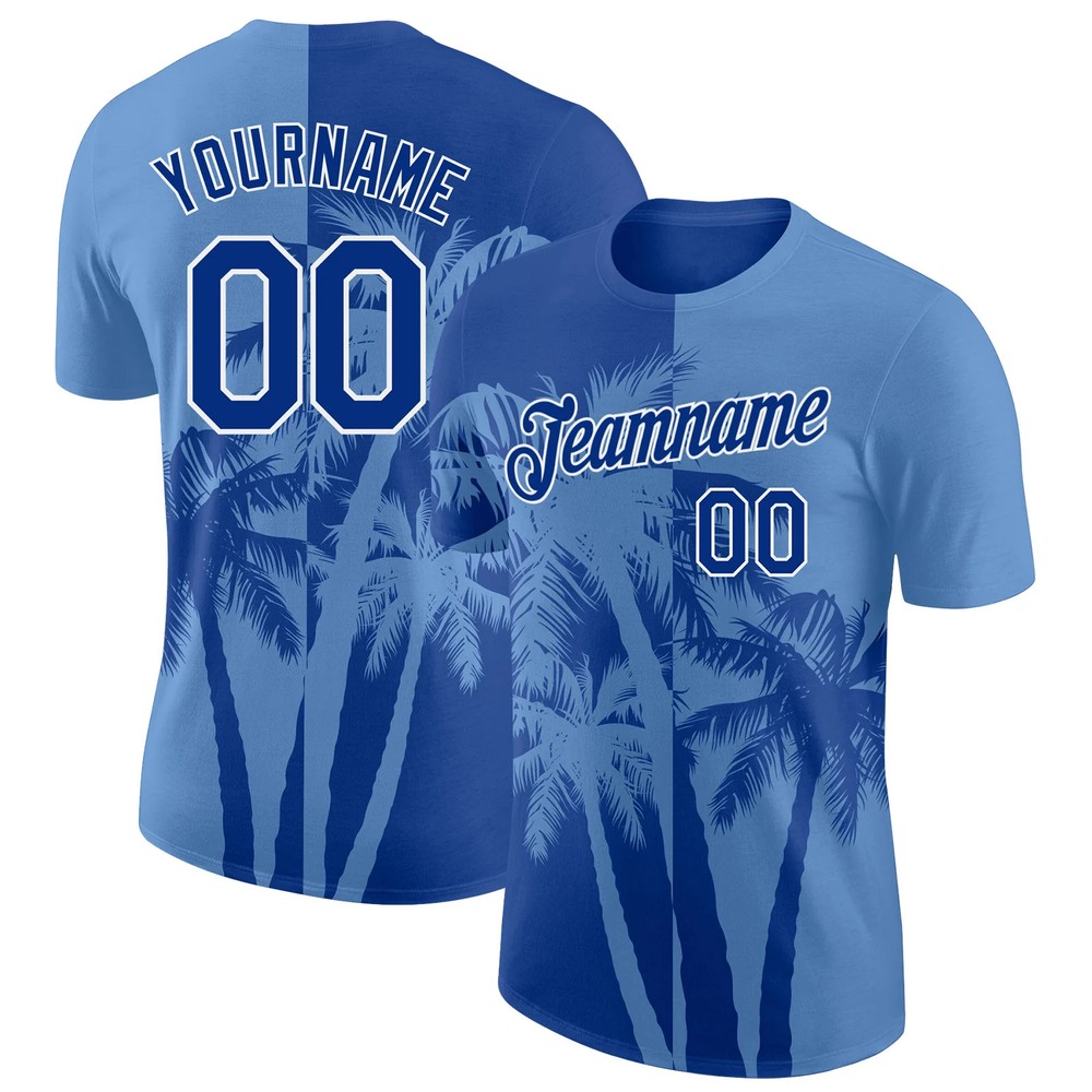 Custom Light Blue Royal White Hawaii Palm Tree T-Shirt Tropical Summer Mens