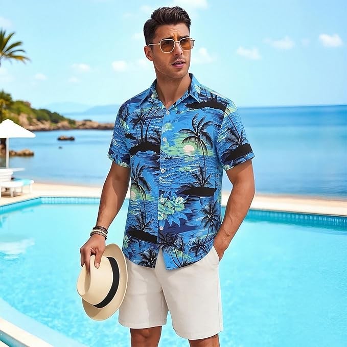Mens Hawaiian Shirt Tropical Floral Short Sleeve Summer Beach Button Down gallery