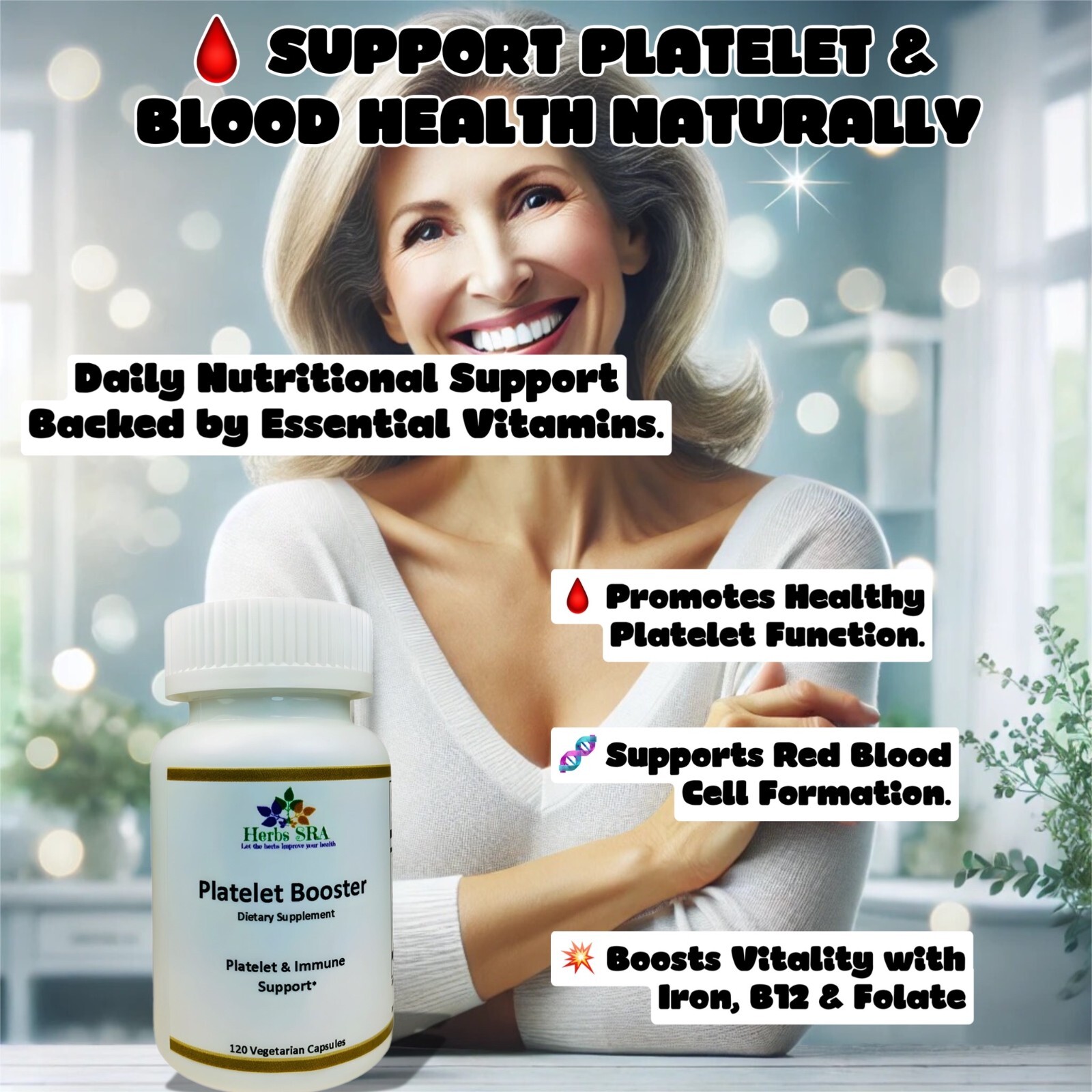 Platelet Support with Papaya Leaf, Iron & Vitamins B12 B9 C A E – 120 Capsules.