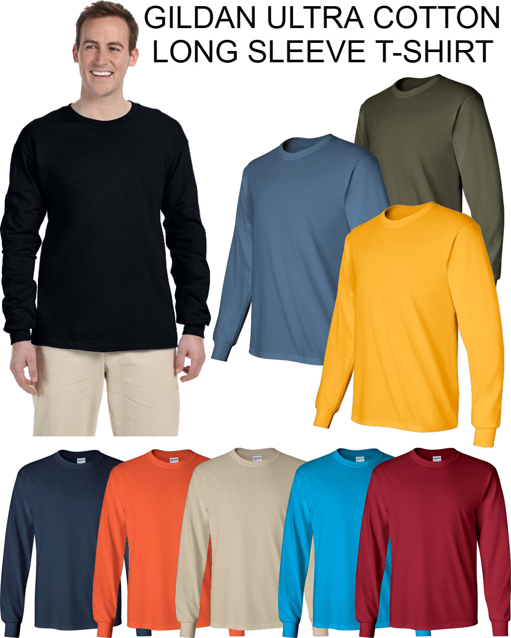 NEW Gildan Men's Ultra Cotton Plain Crew Neck Long Sleeves T-Shirt 2400 (G240) gallery