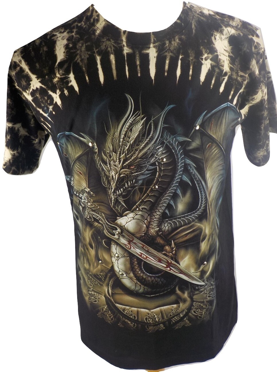 DAVID CAREY SKULL SHIRTZ STUDDED T-SHIRT SZ M SILVER BLUE DRAGON GLOW IN DARK