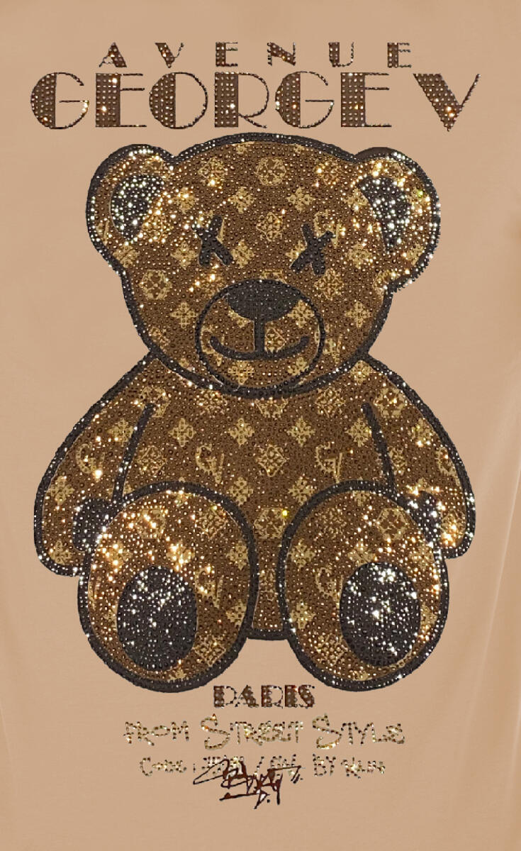 Avenue George V Paris Short Sleeves Beige T-shirt Rhinestone Golden Teddy bear gallery