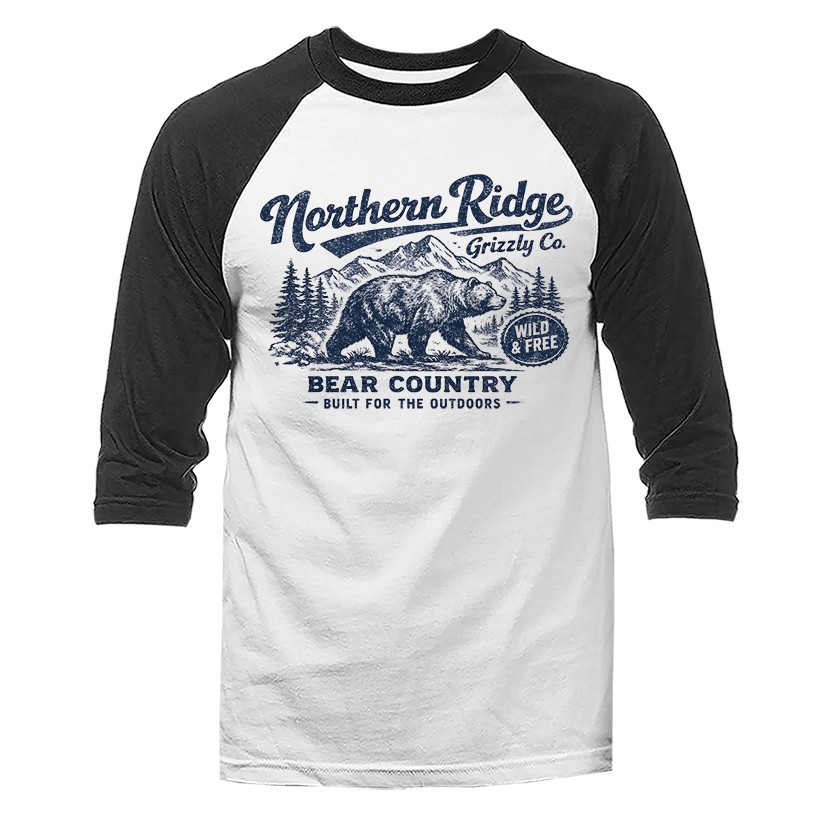 Northern Ridge Grizzly Bear Vintage Outdoor Wildlife Nature 3/4 Sleeve Raglan