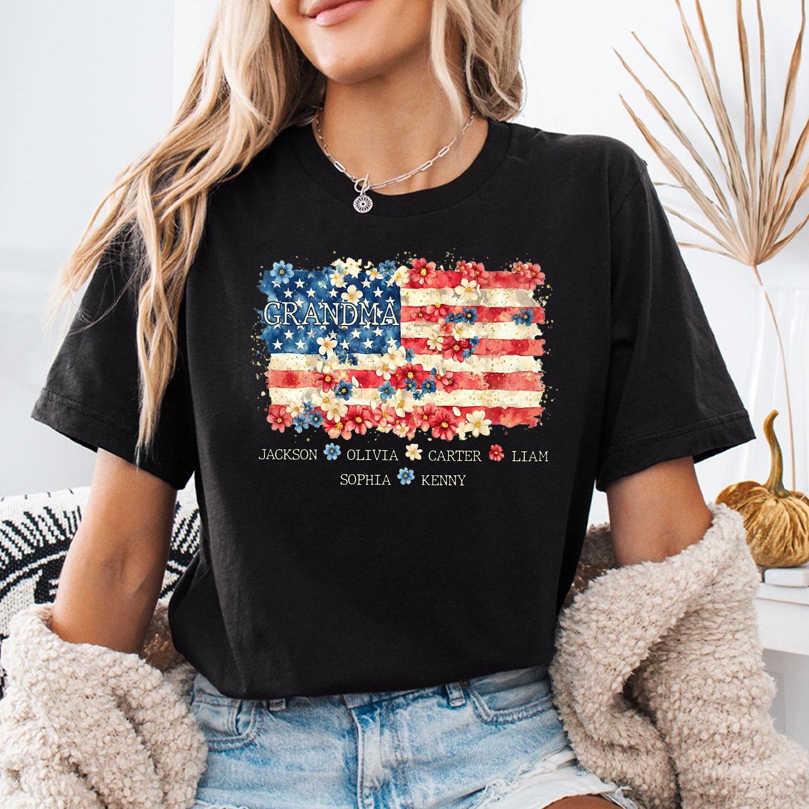 Personalized Grandma Shirt Grandkids Names Floral USA Flag 4th of July Gift Tee gallery