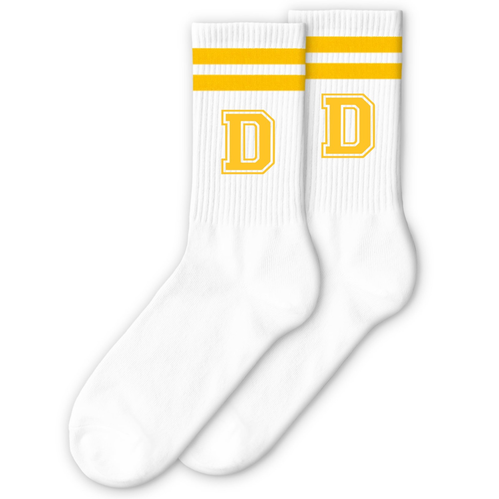 Golden Yellow Initial Stripes Socks with Letter D, Retro Athletic Style Socks... gallery
