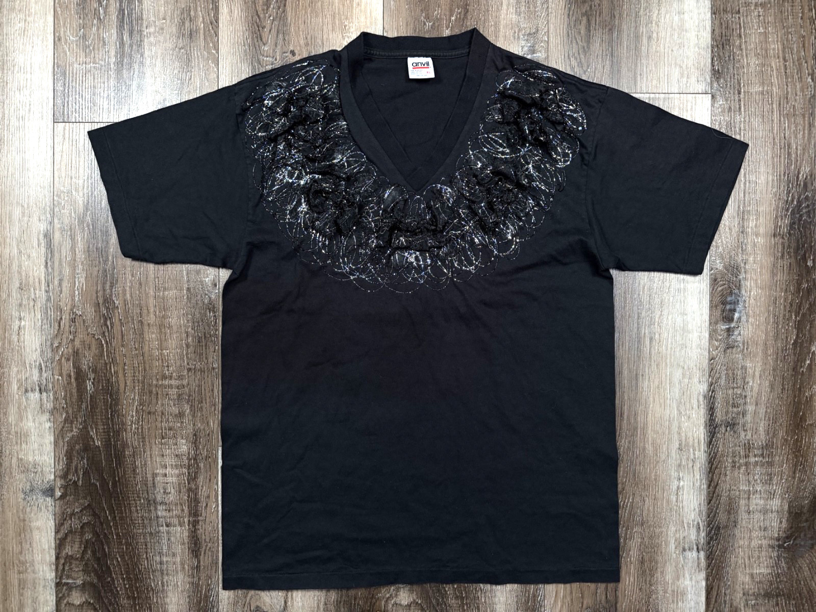 Vintage 80s V-Neck Shirt XL Goth Post Punk Ribbon Glitter Embellished Anvil USA