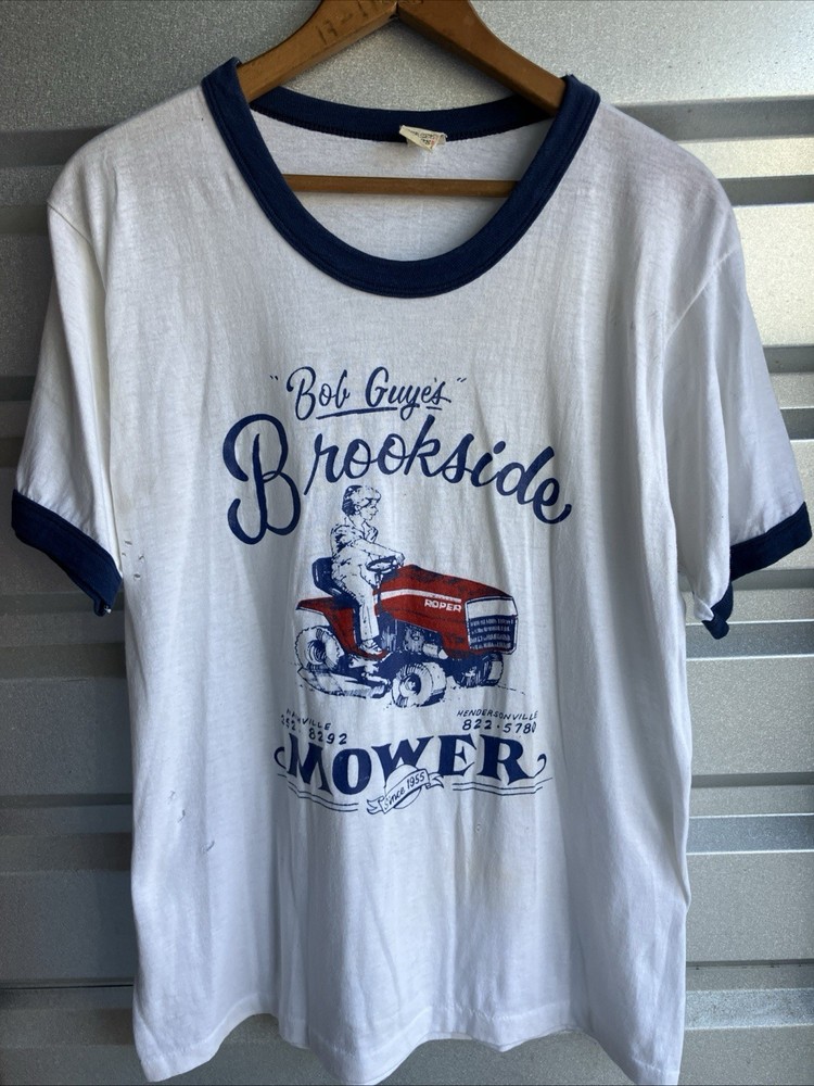 Vintage 80s Brookside Mower Nashville Tenn Ringer T-Shirt Thrashed Medium 20×26