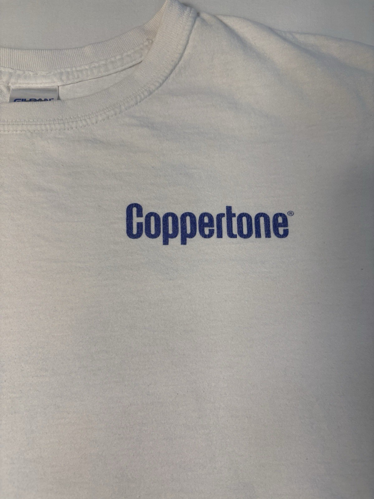 Coppertone Logo Sunscreen Lotion White Tee Shirt Retro 90s Gilden Size L Vintage gallery
