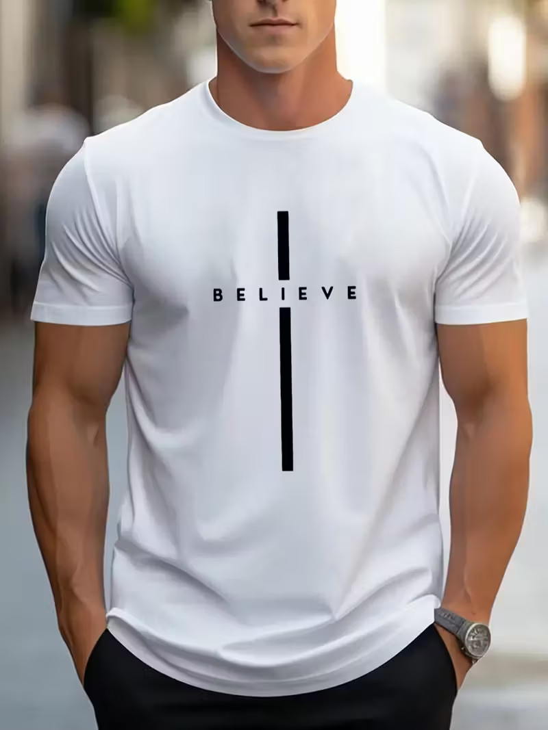 Mens TShirt size- Large Crew Neck Faith Based Believe Cotton ShortSleeves Shirt gallery
