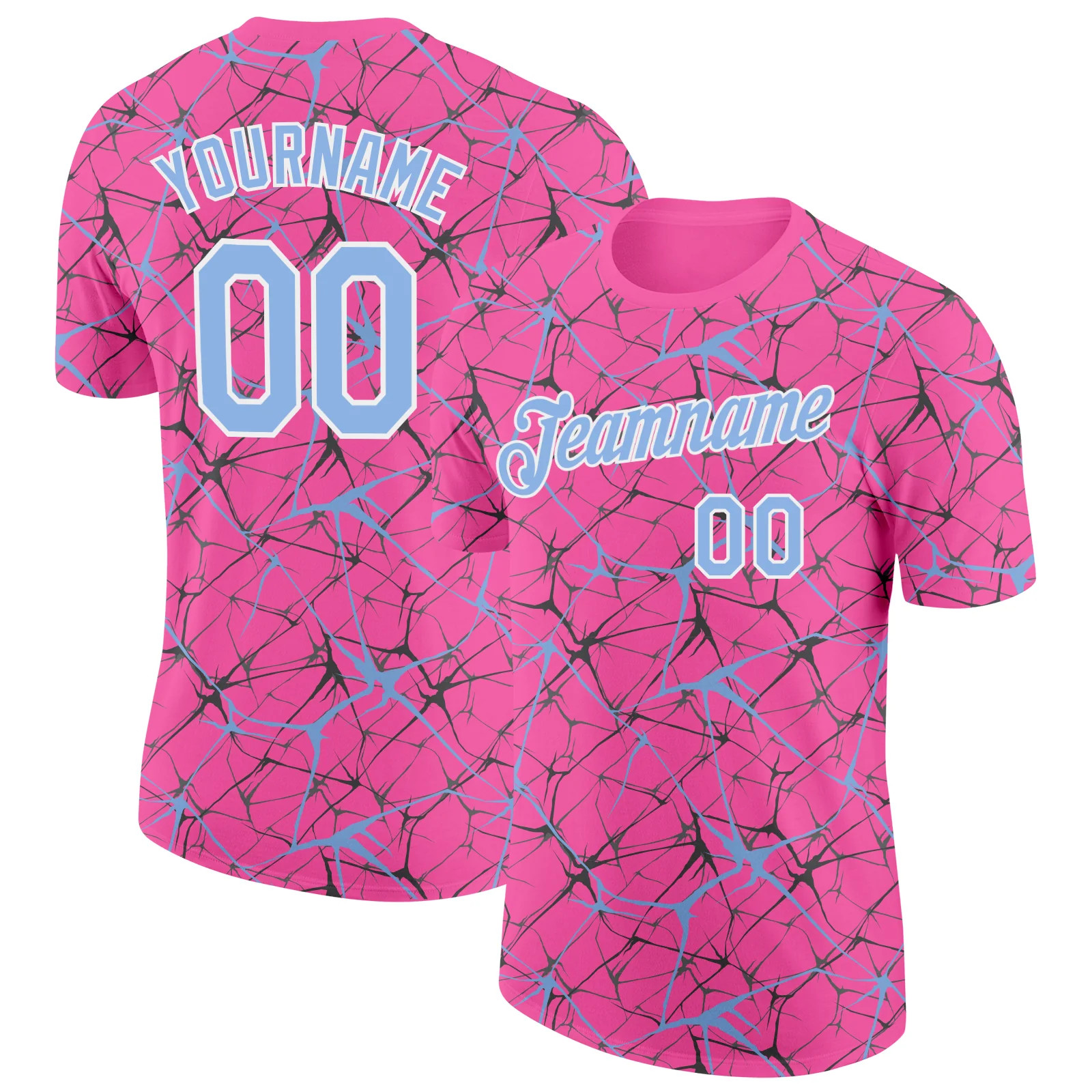 Custom Pink Light Blue Abstract Crackle Sports Tee Personalized Jersey