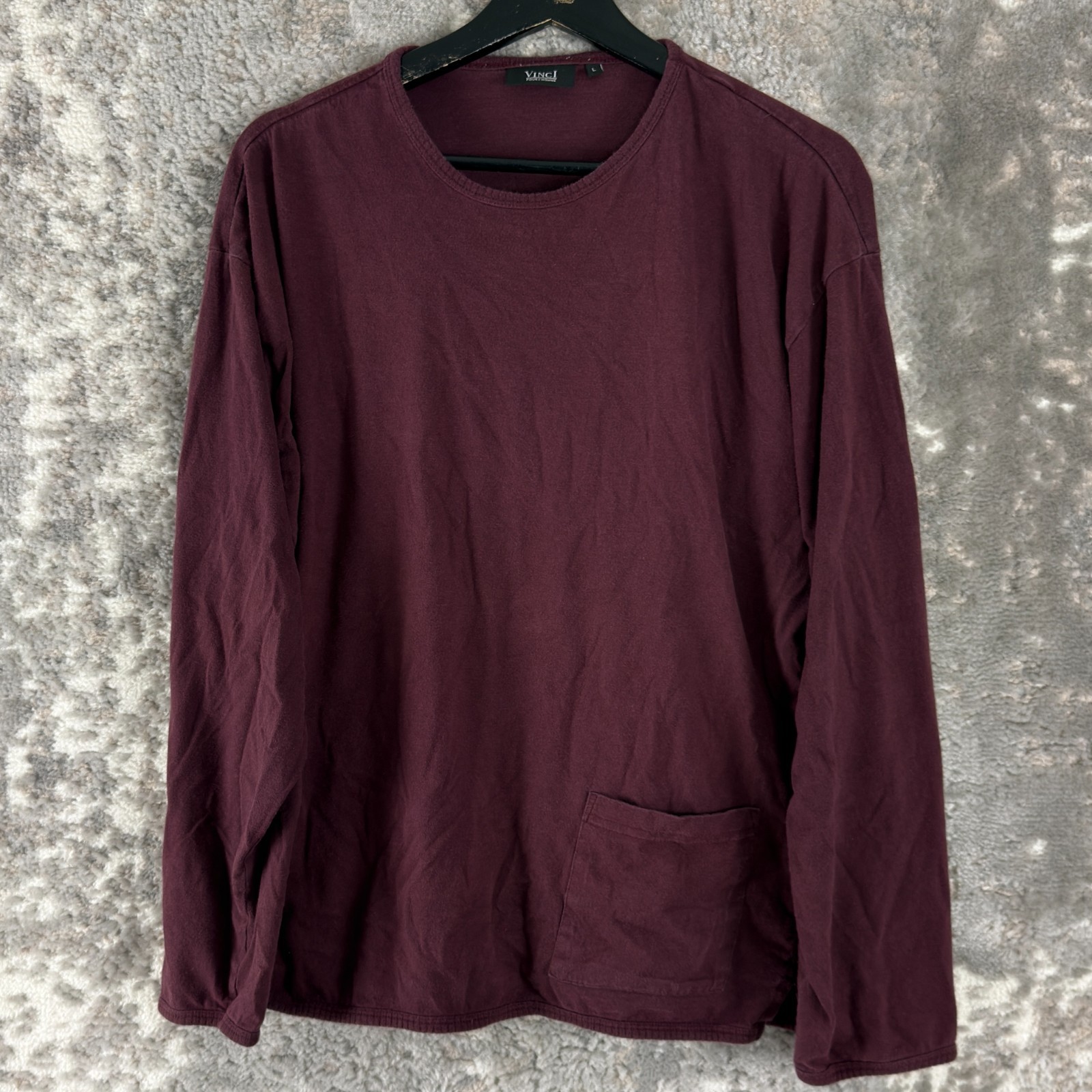 Vinci Pour L’Homme Size L Minimalist Pocket Casual T Shirt Burgundy Long Sleeve