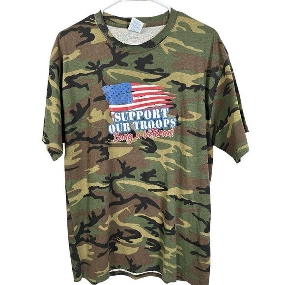 Port & Company Mens Camo Support Our Troops Five Star Dive Bar T-Shirt Large