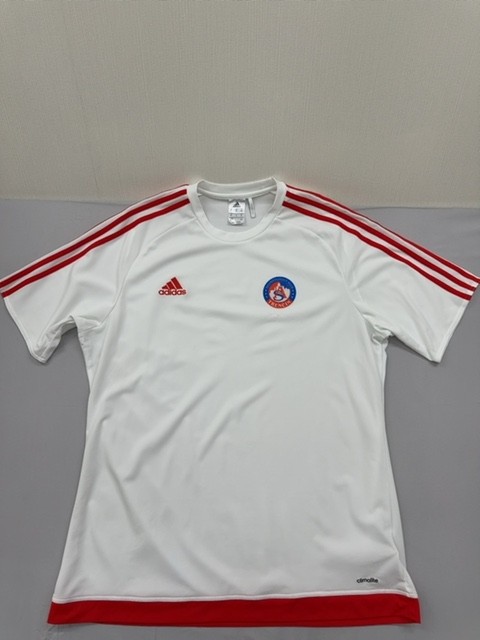 Adidas Mens XL White Striped Climalite Short Sleeve Jersey Crew Neck