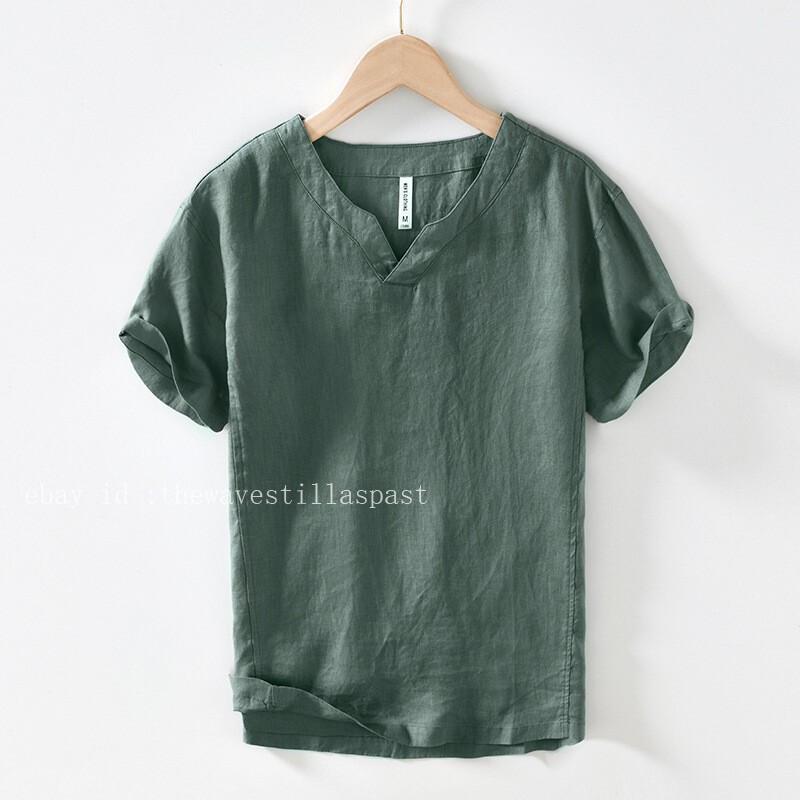 100% Linen Men T-shirt V Neck Summer Short Sleeves Retro Tops Casual Undershirt gallery