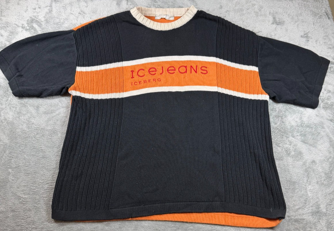 Vtg Iceberg IceJeans Knit T-Shirt Black Orange Logo Short Sleeve Men’s L