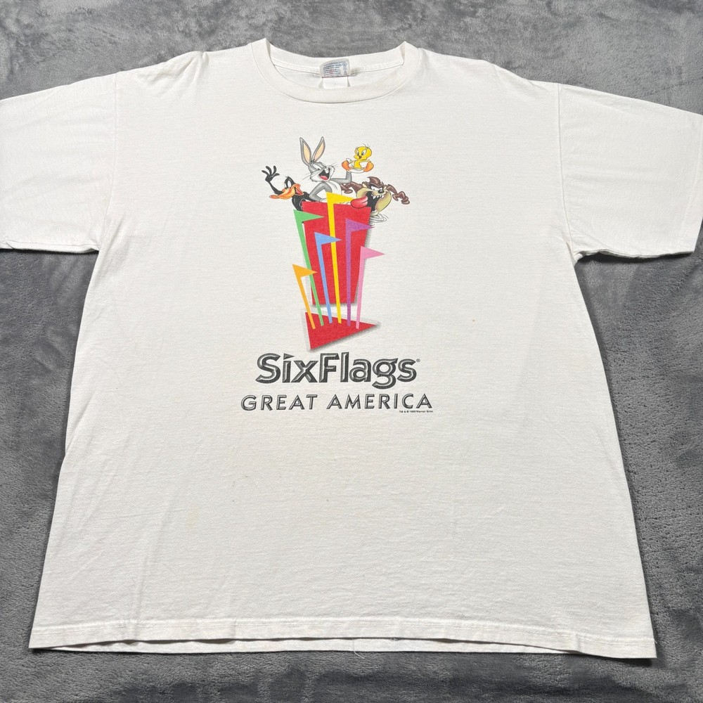 Vintage 1999 Tee Jays Softee T-Shirt Mens XL White Six Flags Great America Rare