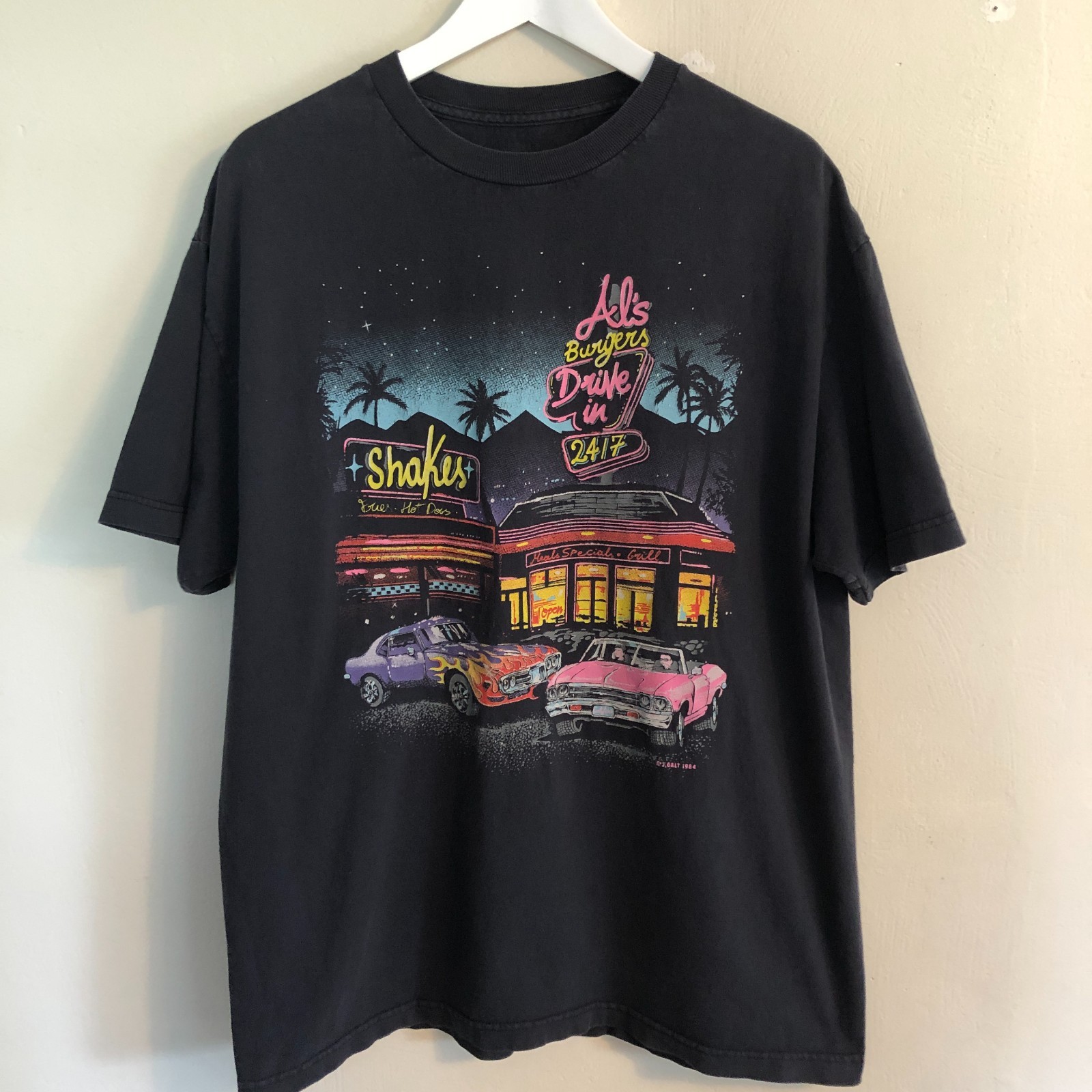Vintage J. Galt T-Shirt 1984 Hot Rod Als Burgers Drive In Black Graphic Tee Sz L gallery
