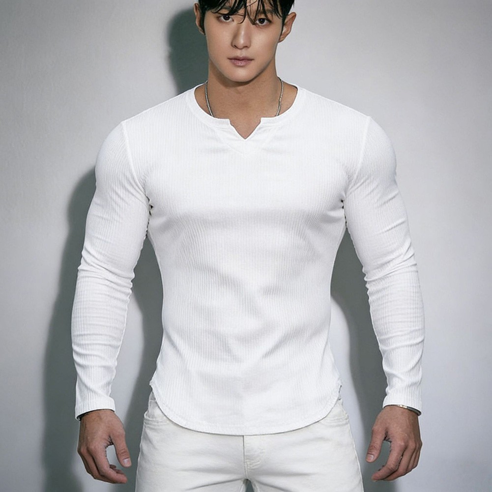 V Neck Long Sleeve Elastic Tee Top for Men Polyester Spandex Workout Streetwear gallery