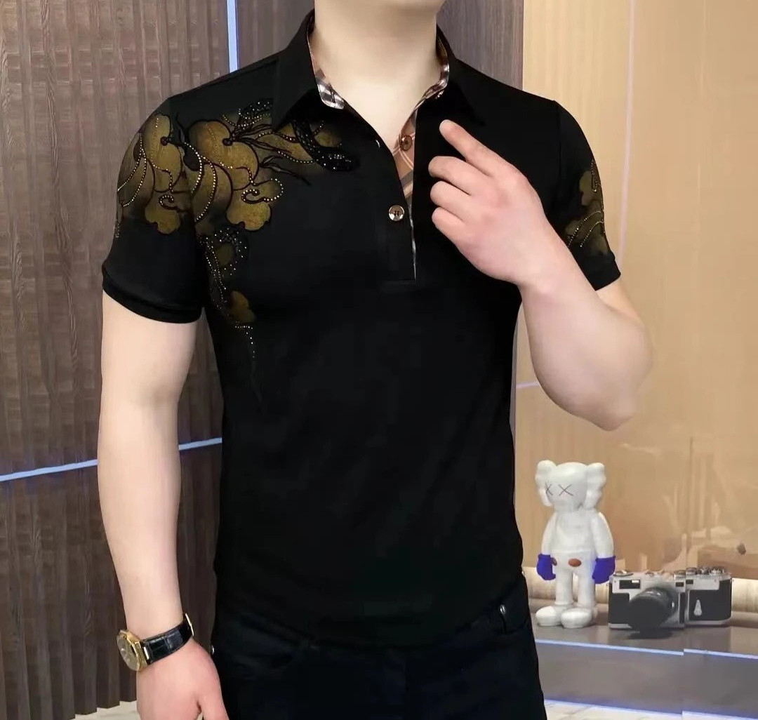 New Men Luxury Diamond Rhinestones Fashion Black Polo T-Shirt High Quality gallery