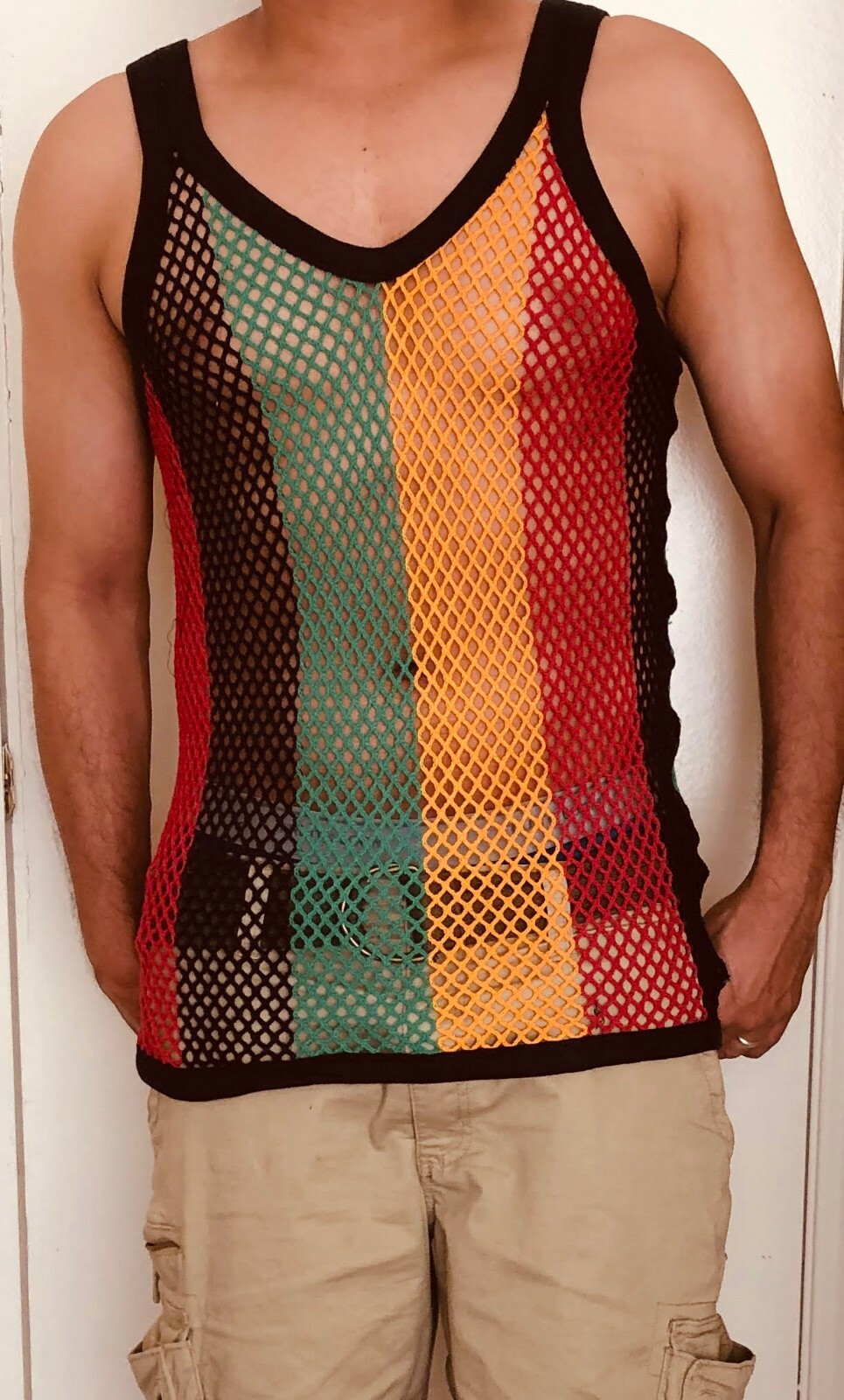 L Rasta Men Vest 100% Cotton Fishnet Fitted String Mesh Stretchy Jamaican Hot gallery